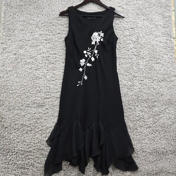 SL‎ Fashions Womens 6 Embroidered Midi Dress Black Ruffle Hem Elegant Whimsical - Picture 1 of 11